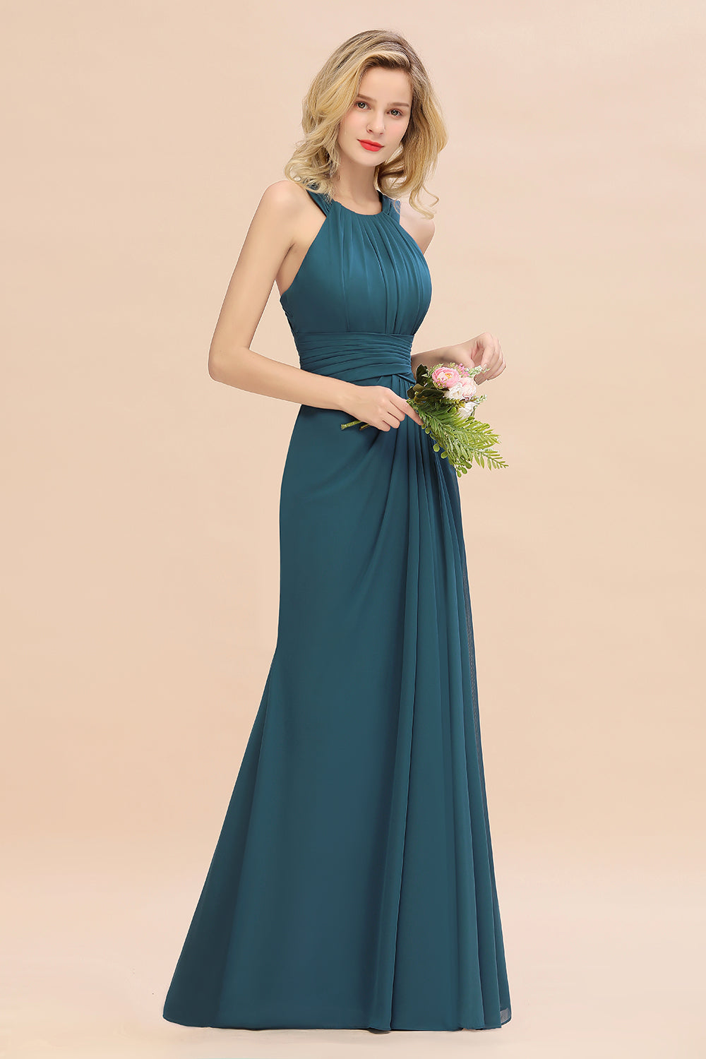 Elegant Round Neck Sleeveless Bridesmaid Dresses with Ruffles