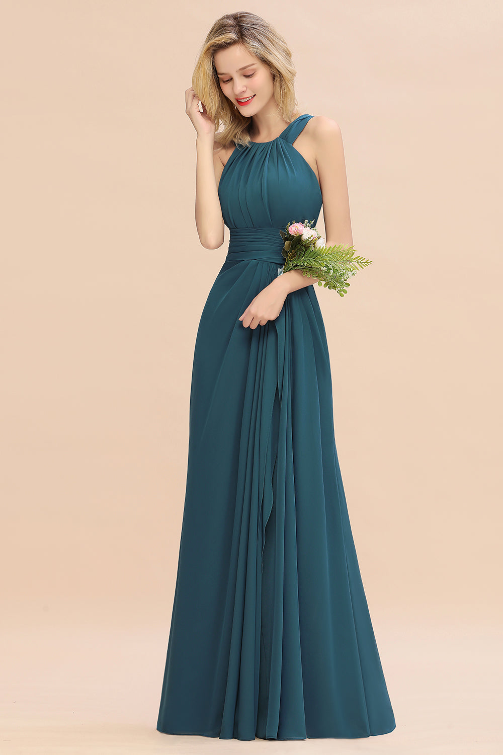 Elegant Round Neck Sleeveless Bridesmaid Dresses with Ruffles