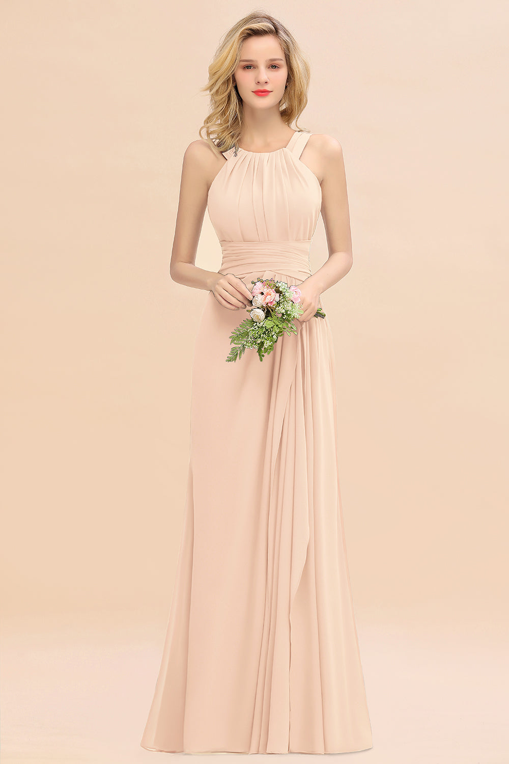 Elegant Round Neck Sleeveless Bridesmaid Dresses with Ruffles