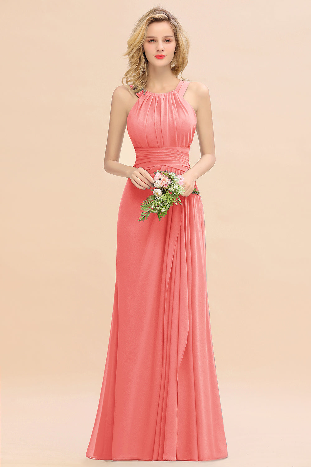 Elegant Round Neck Sleeveless Bridesmaid Dresses with Ruffles