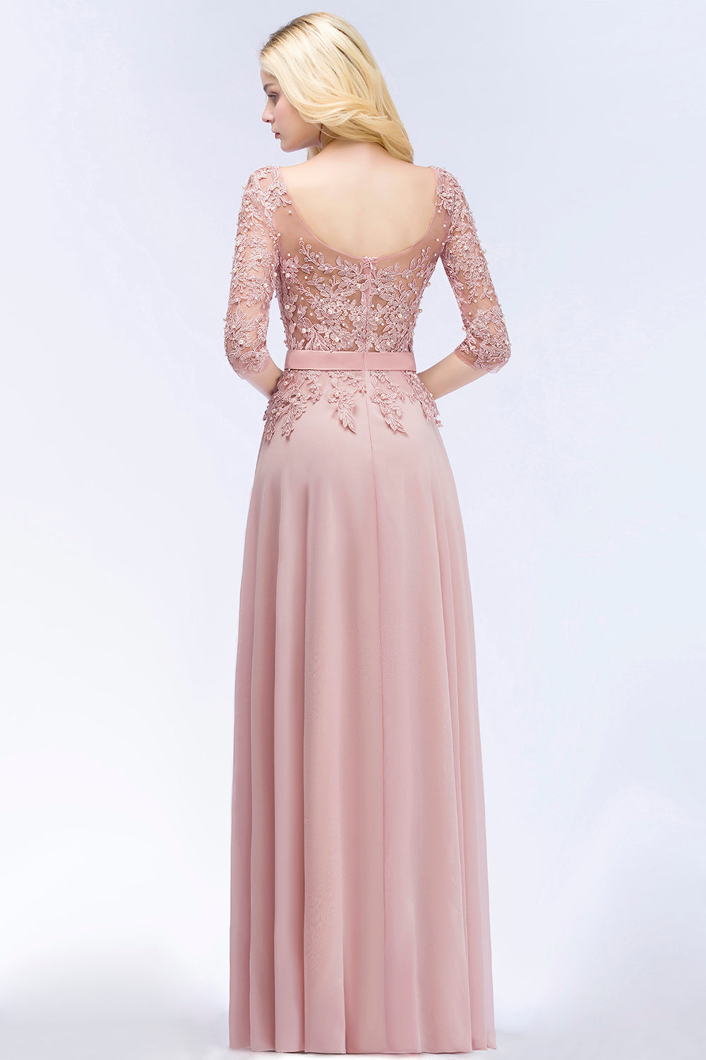 Elegant Scoop Half-Sleeves Lace Dusty Rose Bridesmaid Dresses With Pearls