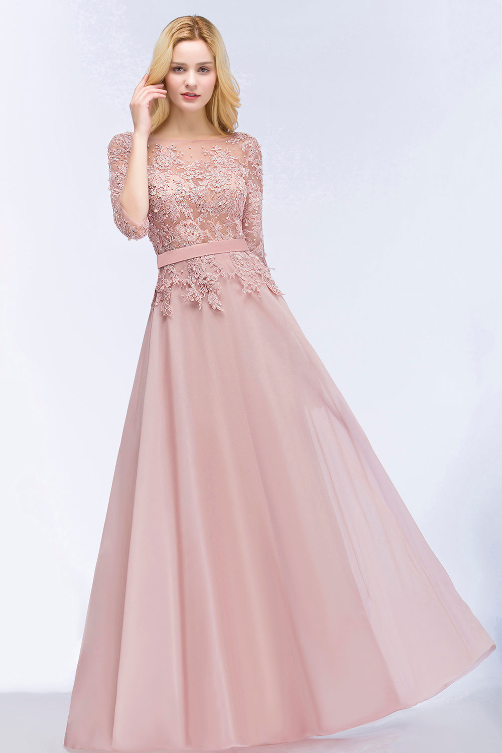 Elegant Scoop Half-Sleeves Lace Dusty Rose Bridesmaid Dresses With Pearls