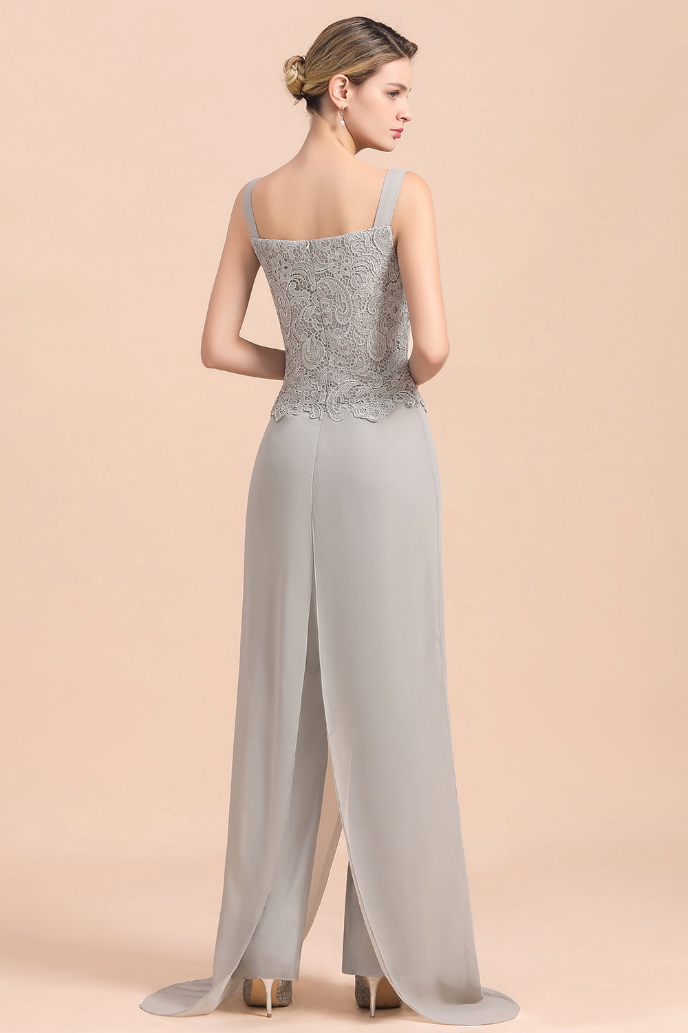 Elegant Silver Lace Top Chiffon Mother of Bride Jumpsuit with Wrap - Fashionpara