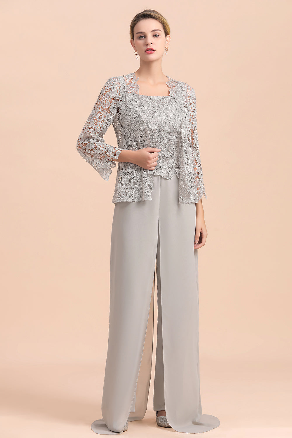 Elegant Silver Lace Top Chiffon Mother of Bride Jumpsuit with Wrap - Fashionpara