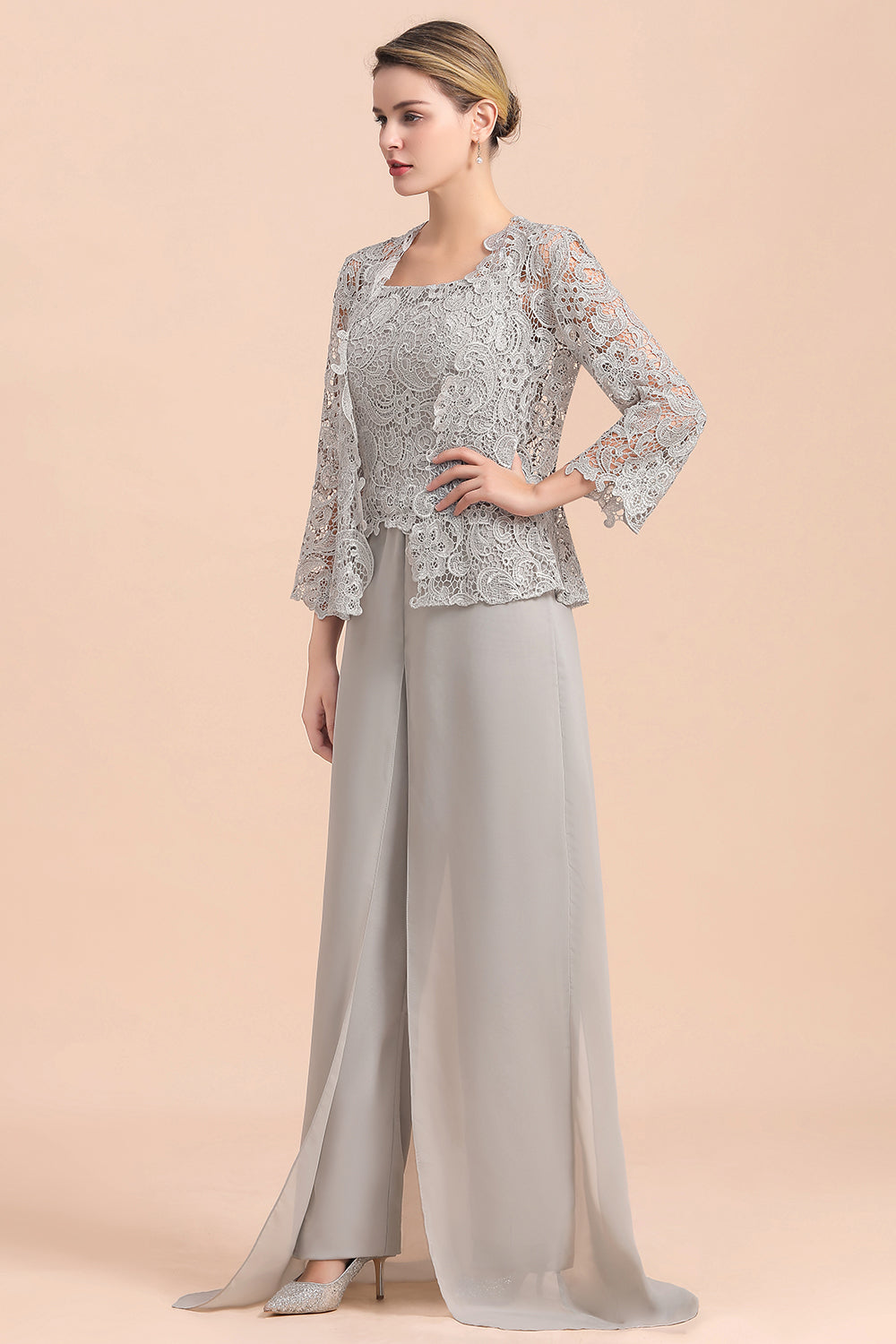 Elegant Silver Lace Top Chiffon Mother of Bride Jumpsuit with Wrap - Fashionpara