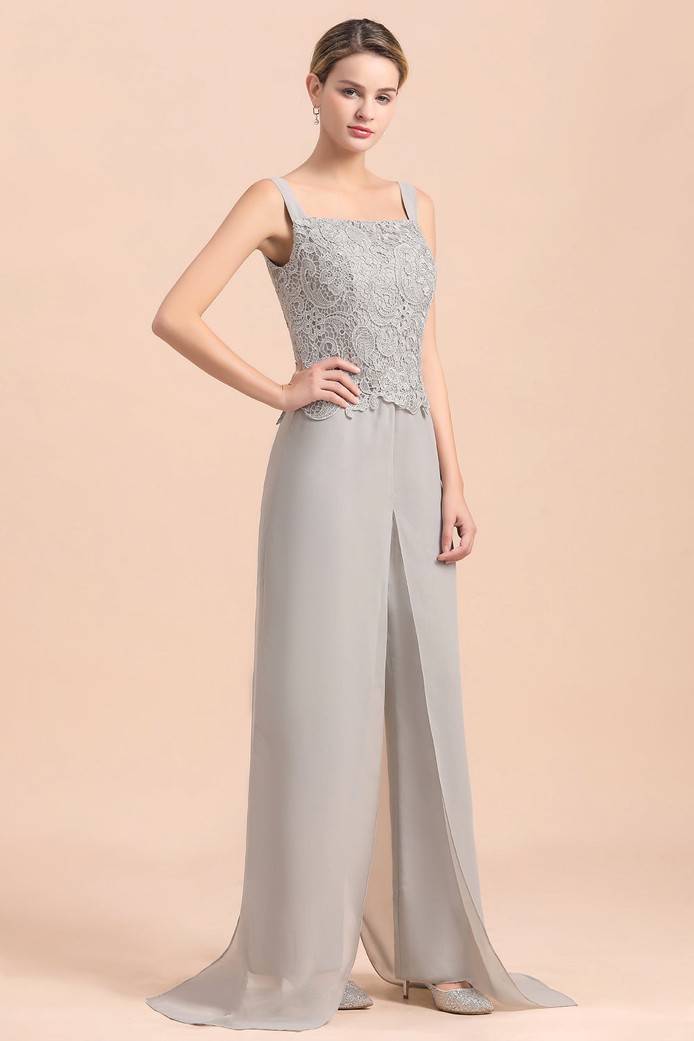 Elegant Silver Lace Top Chiffon Mother of Bride Jumpsuit with Wrap - Fashionpara