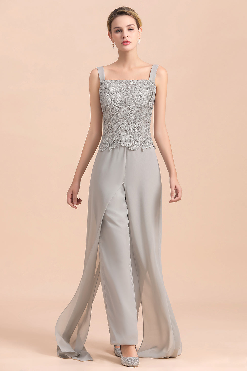 Elegant Silver Lace Top Chiffon Mother of Bride Jumpsuit with Wrap - Fashionpara