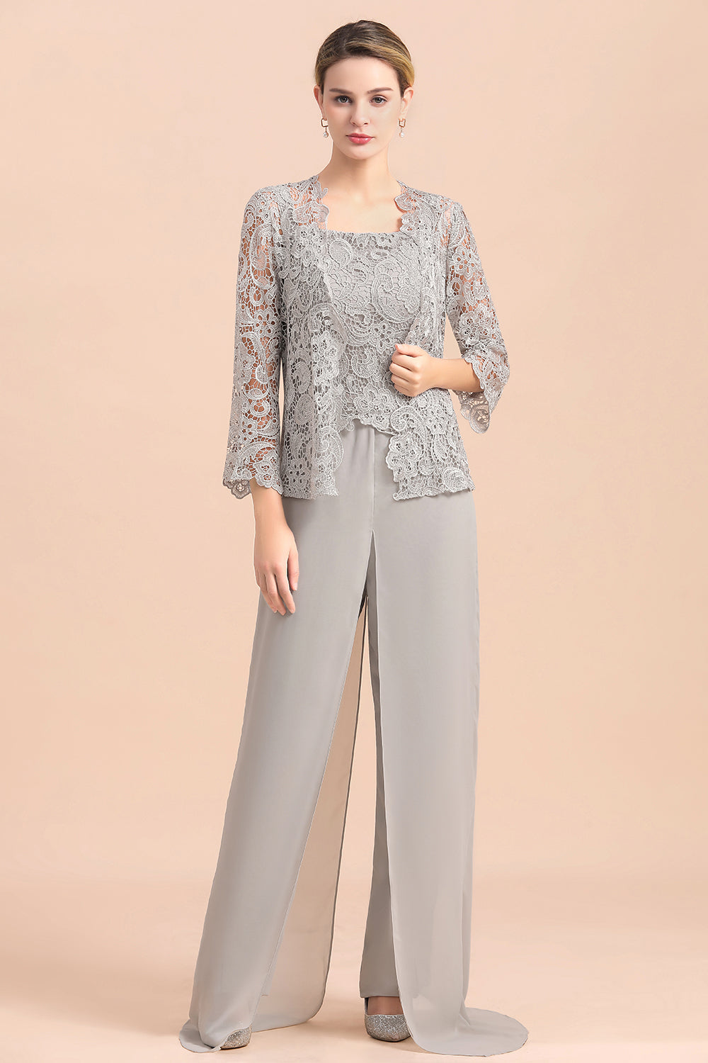 Elegant Silver Lace Top Chiffon Mother of Bride Jumpsuit with Wrap - Fashionpara