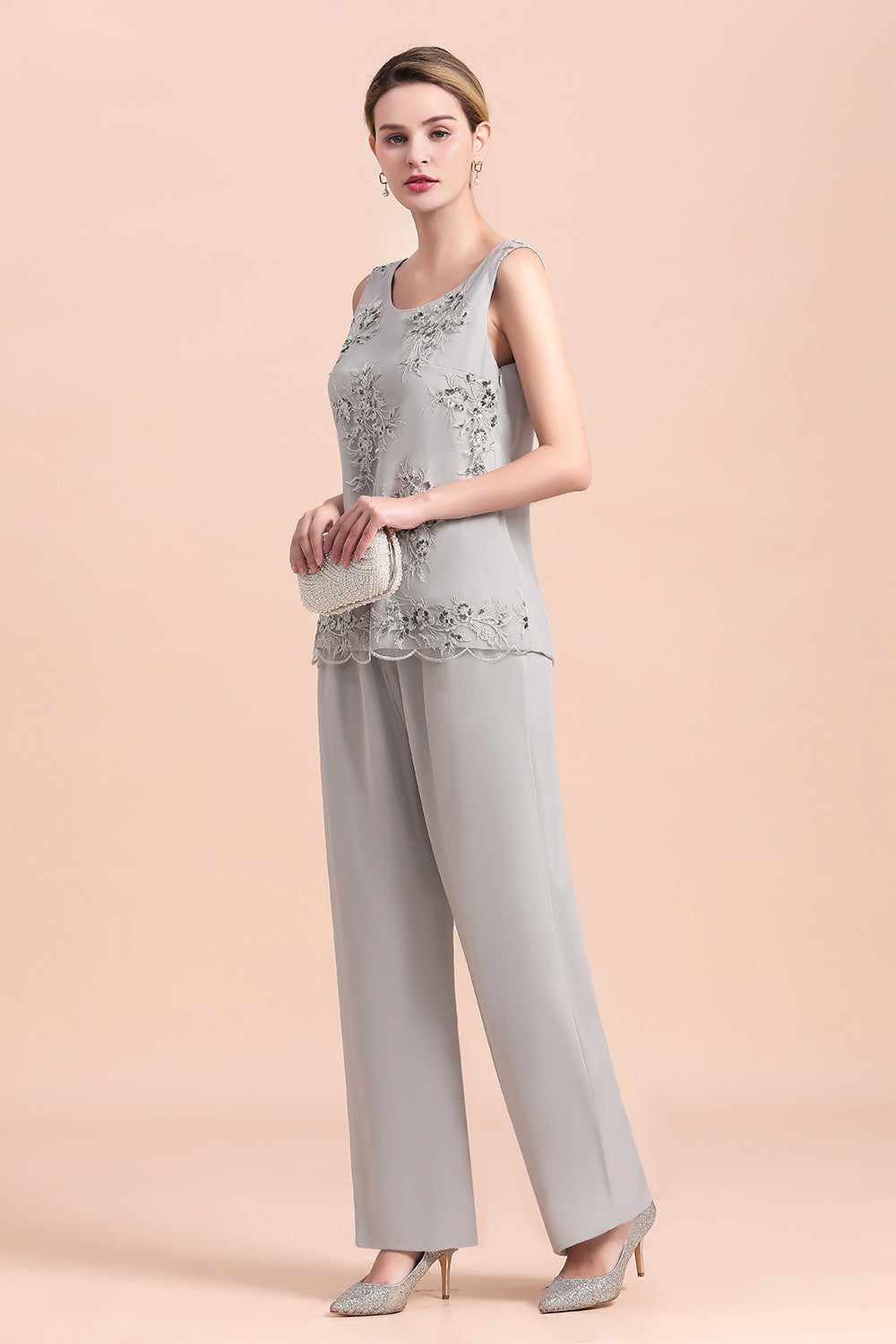 Elegant Sleeveless Appliques Silver Chiffon Mother of Bride Jumpsuit with Wrap - Fashionpara