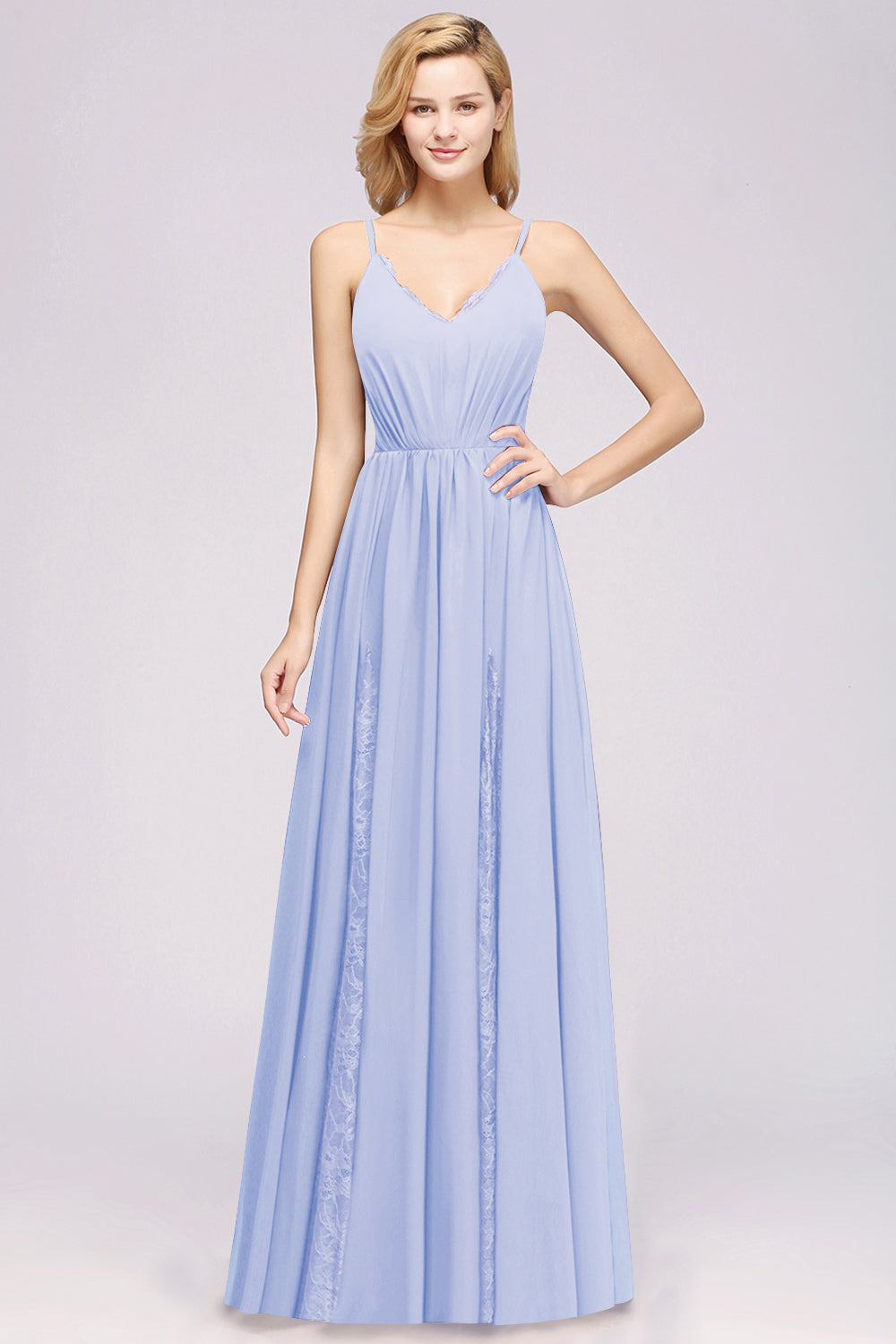 Elegant Spaghetti Straps Long Bridesmaid Dresses Lace V-Neck Maid of Honor Dress