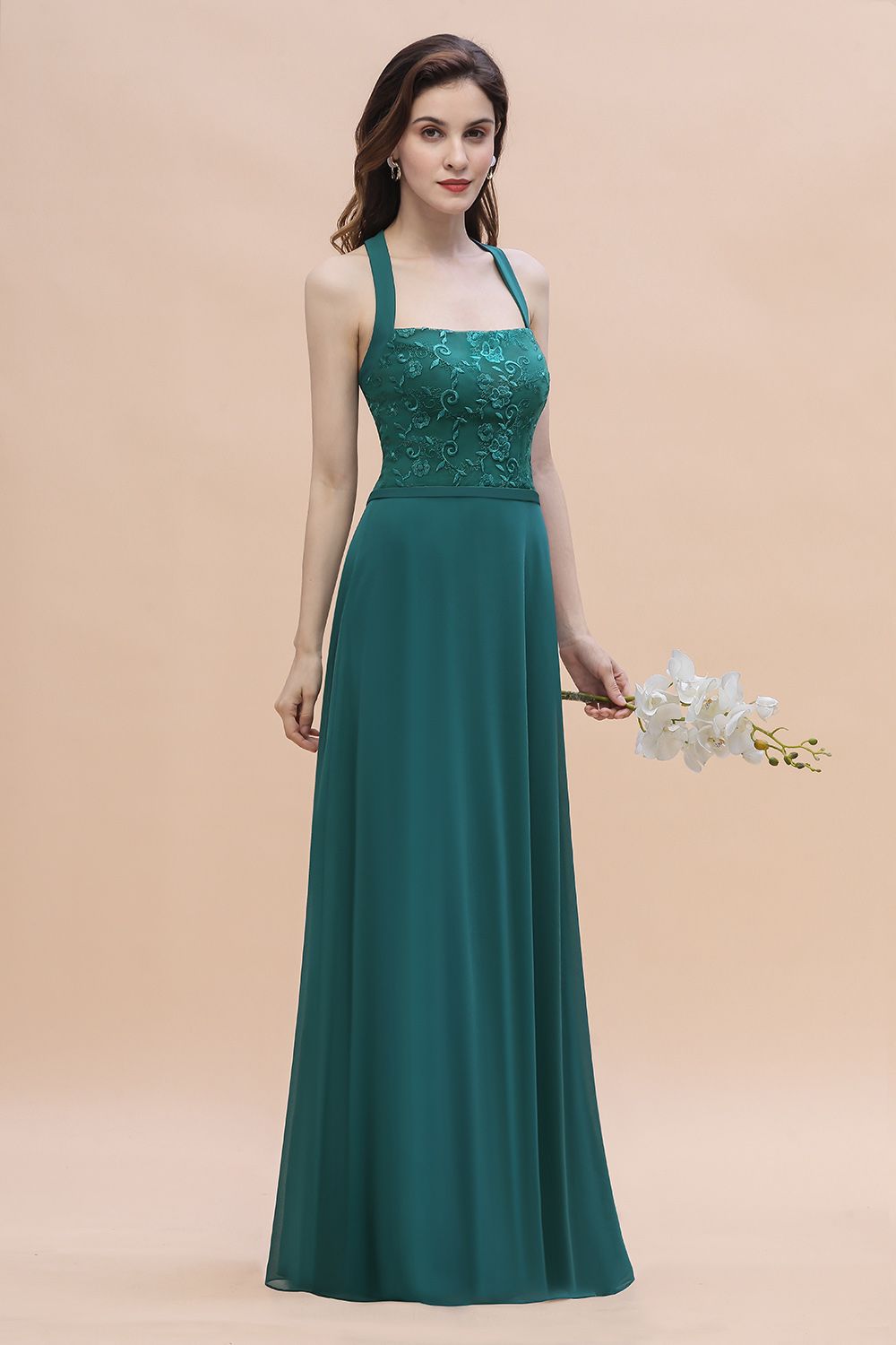 Elegant Straps Peacock Chiffon Appliques Bridesmaid Dresses Sleeveless On Sale - Fashionpara