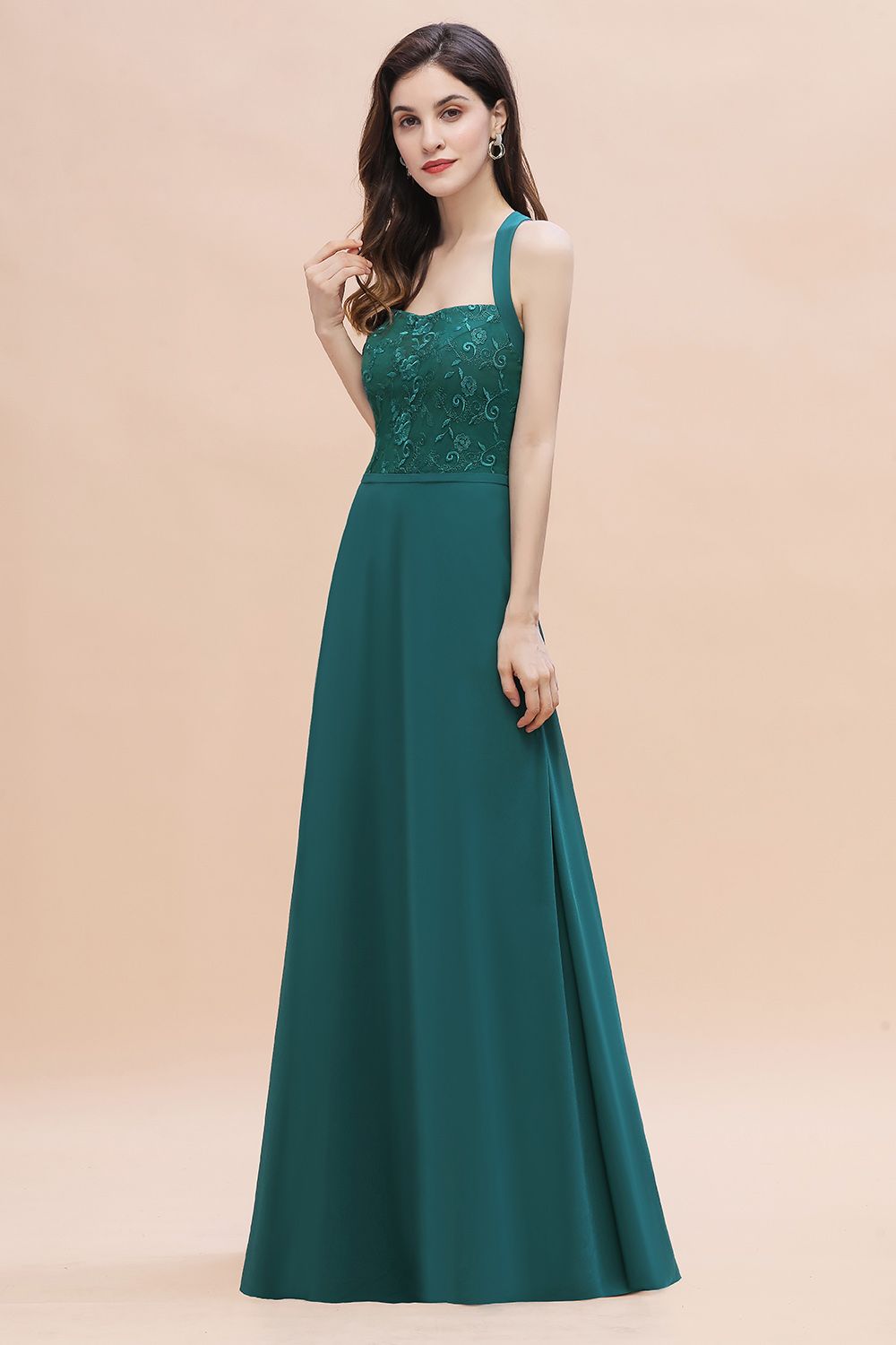 Elegant Straps Peacock Chiffon Appliques Bridesmaid Dresses Sleeveless On Sale - Fashionpara