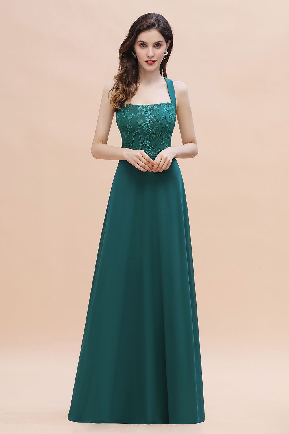 Elegant Straps Peacock Chiffon Appliques Bridesmaid Dresses Sleeveless On Sale - Fashionpara