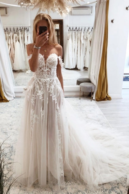 Elegant Sweetheart Off-the-Shoulder Cap Sleeve A-Line Lace Wedding Gown