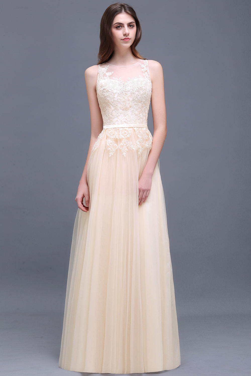 Elegant Tulle Lace Champagne Long Bridesmaid Dresses With Appliques