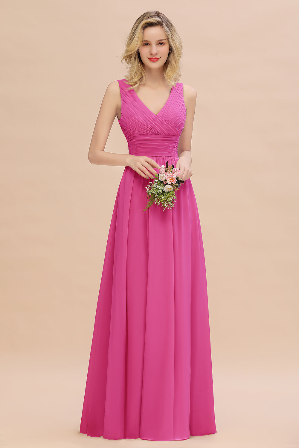 Elegant V-Neck Dusty Rose Chiffon Bridesmaid Dresses with Ruffle