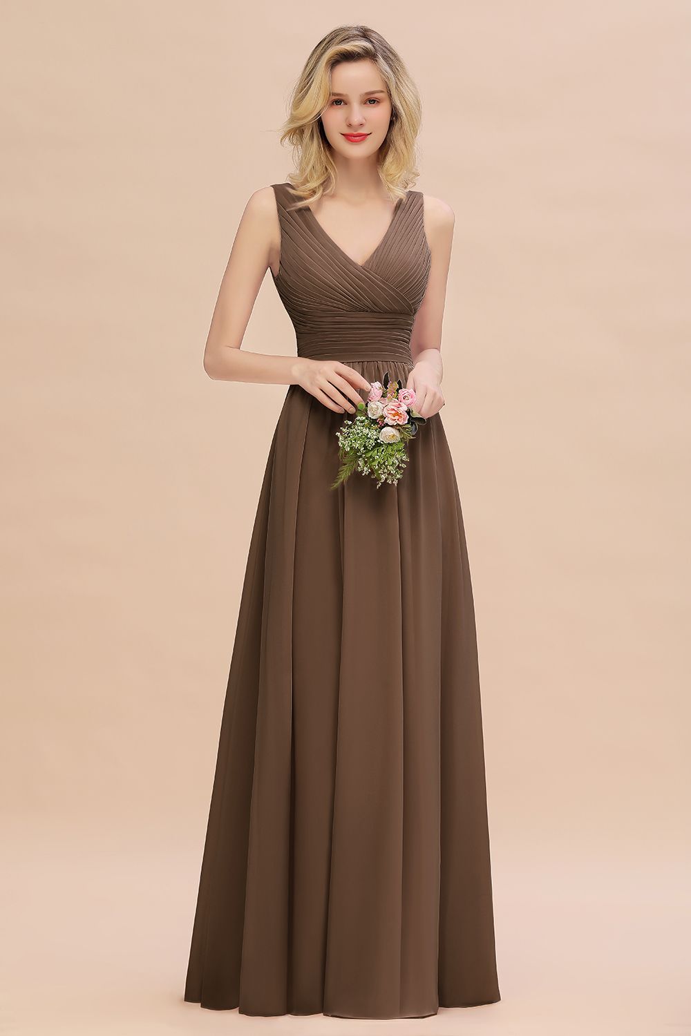 Elegant V-Neck Dusty Rose Chiffon Bridesmaid Dresses with Ruffle