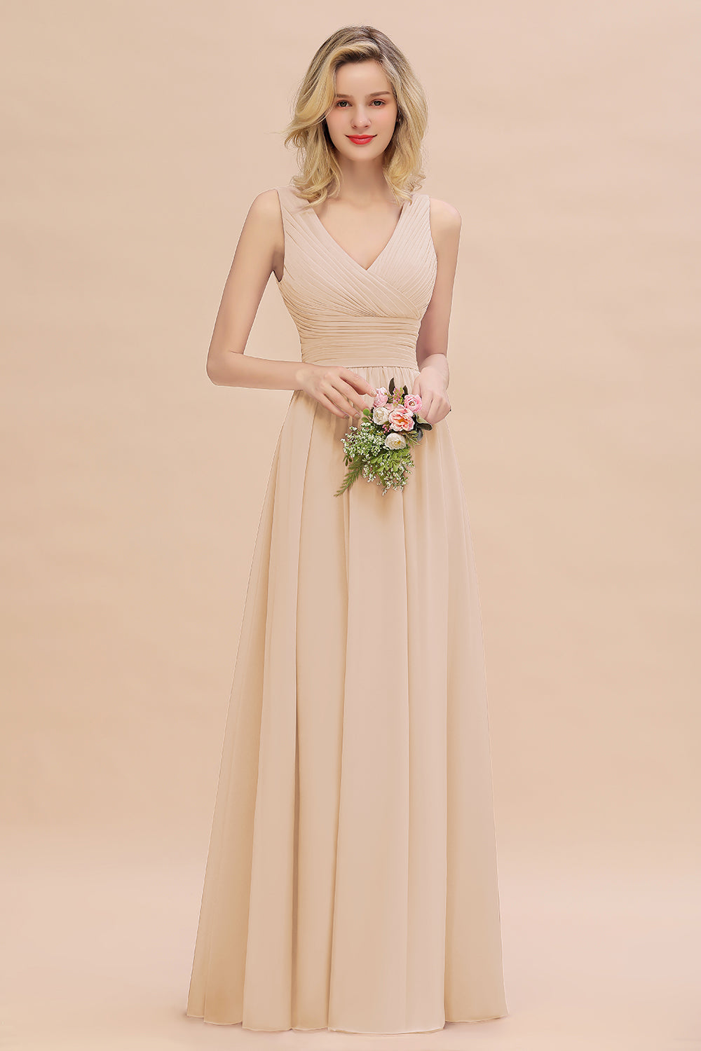 Elegant V-Neck Dusty Rose Chiffon Bridesmaid Dresses with Ruffle