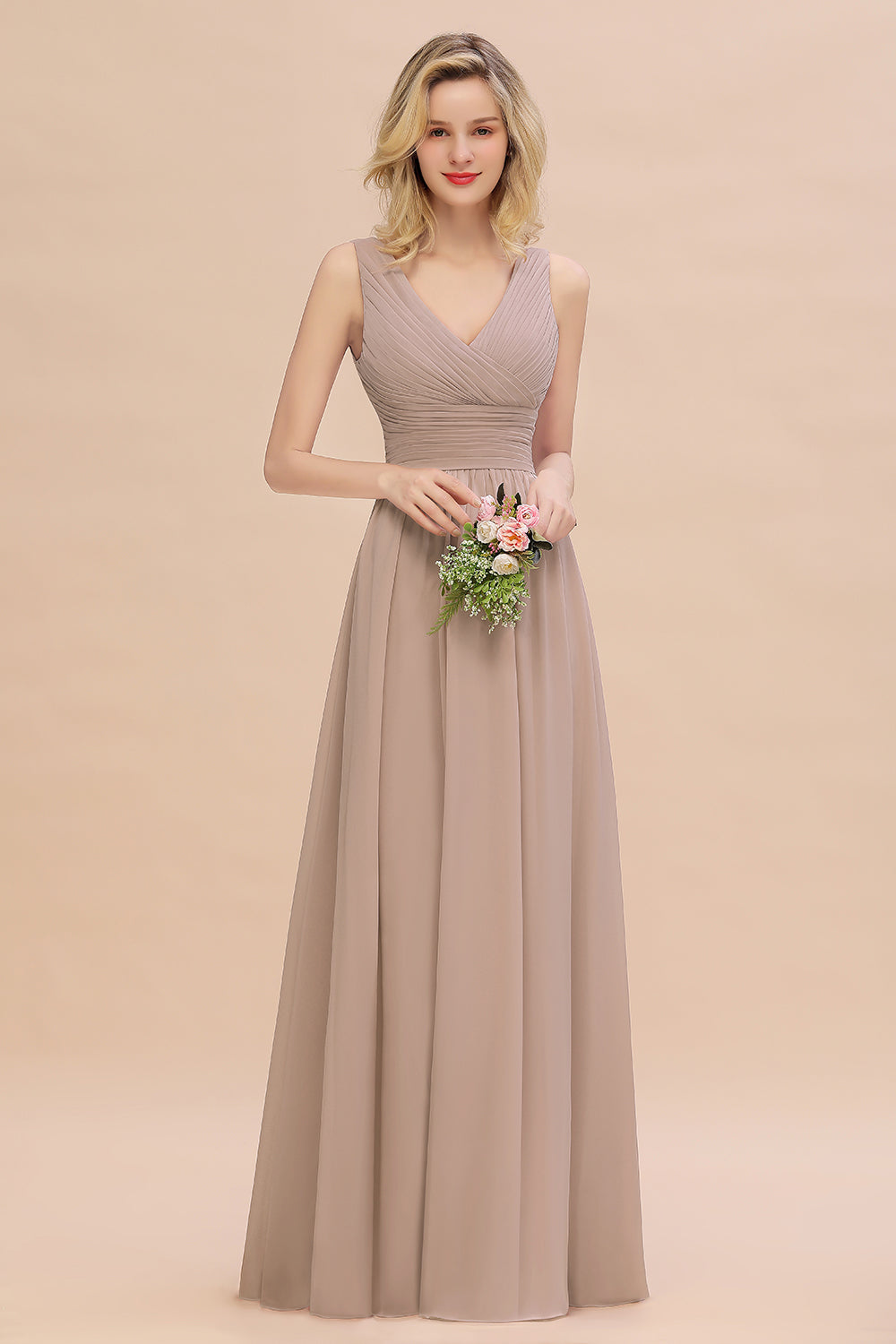 Elegant V-Neck Dusty Rose Chiffon Bridesmaid Dresses with Ruffle