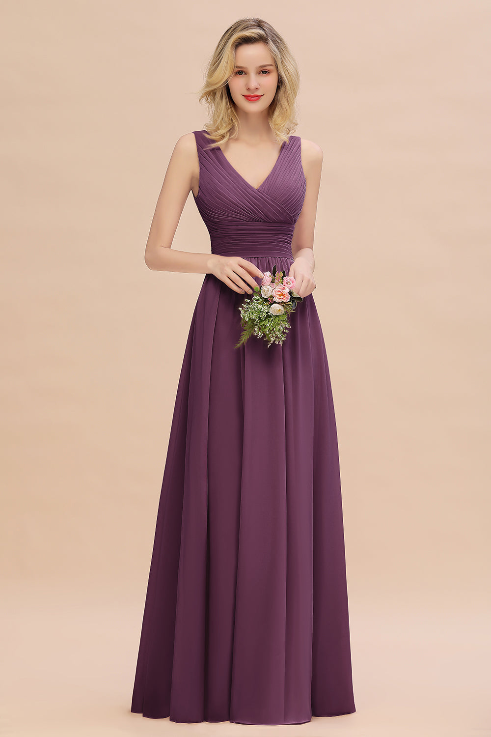 Elegant V-Neck Dusty Rose Chiffon Bridesmaid Dresses with Ruffle