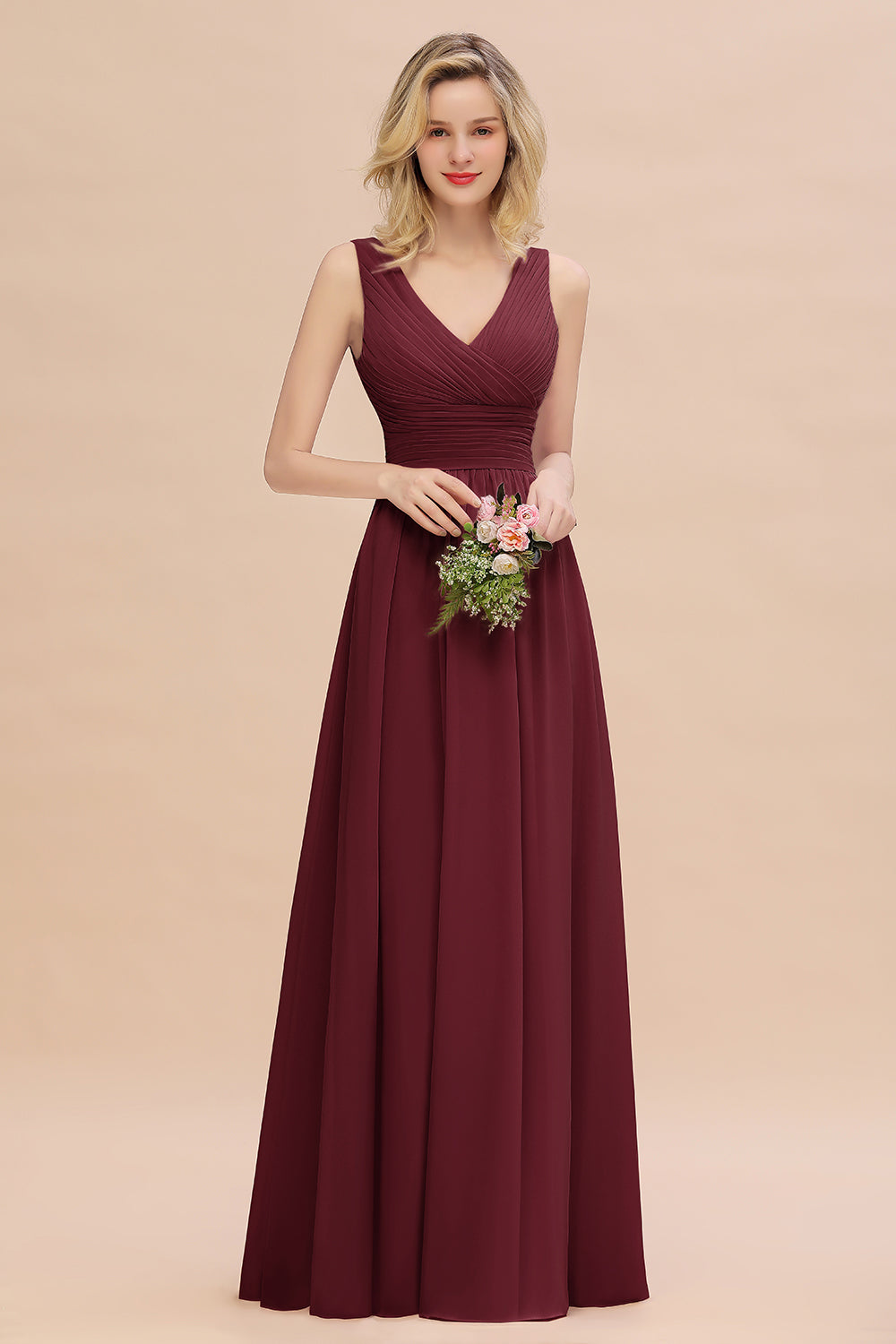 Elegant V-Neck Dusty Rose Chiffon Bridesmaid Dresses with Ruffle - Fashionpara