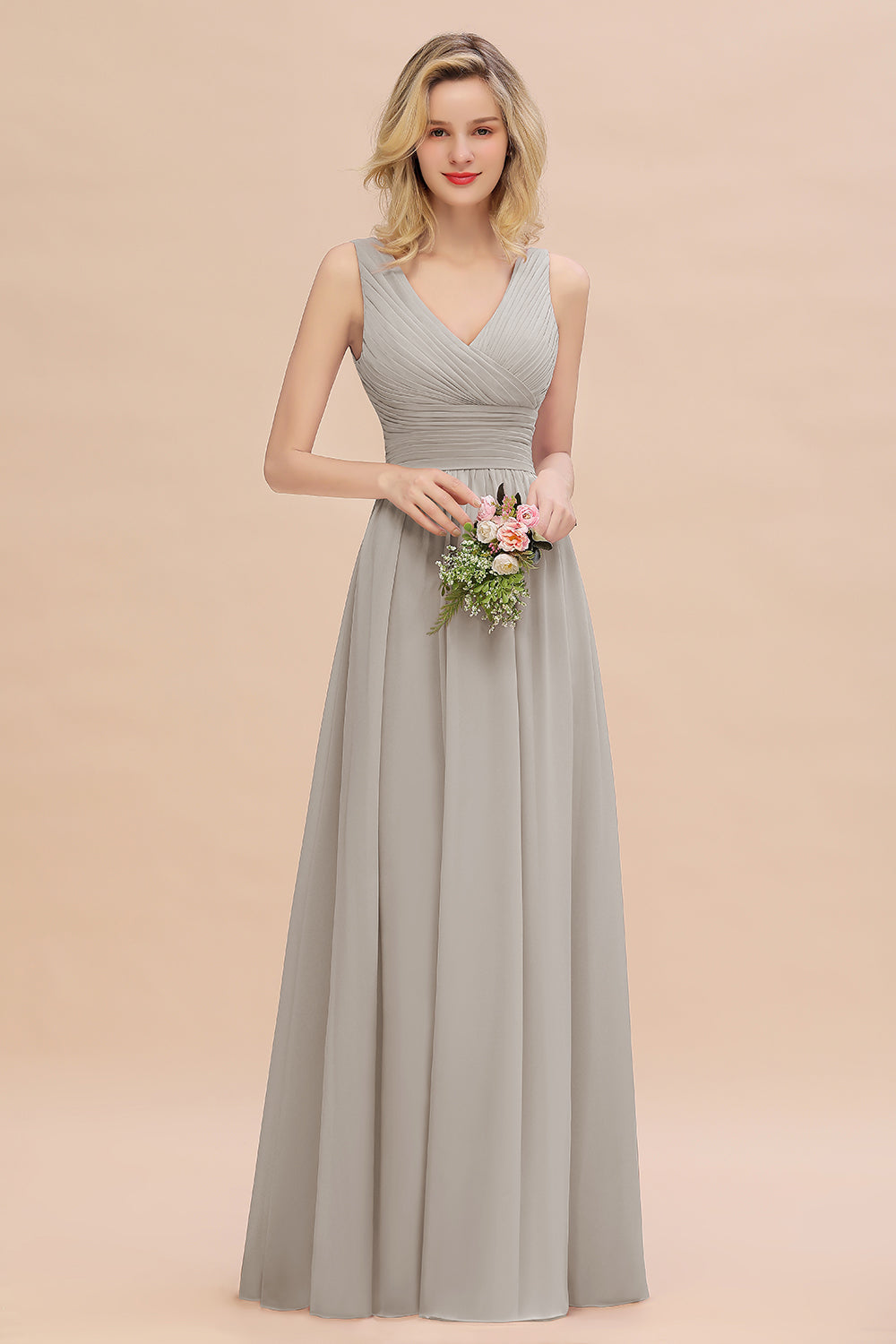 Elegant V-Neck Dusty Rose Chiffon Bridesmaid Dresses with Ruffle