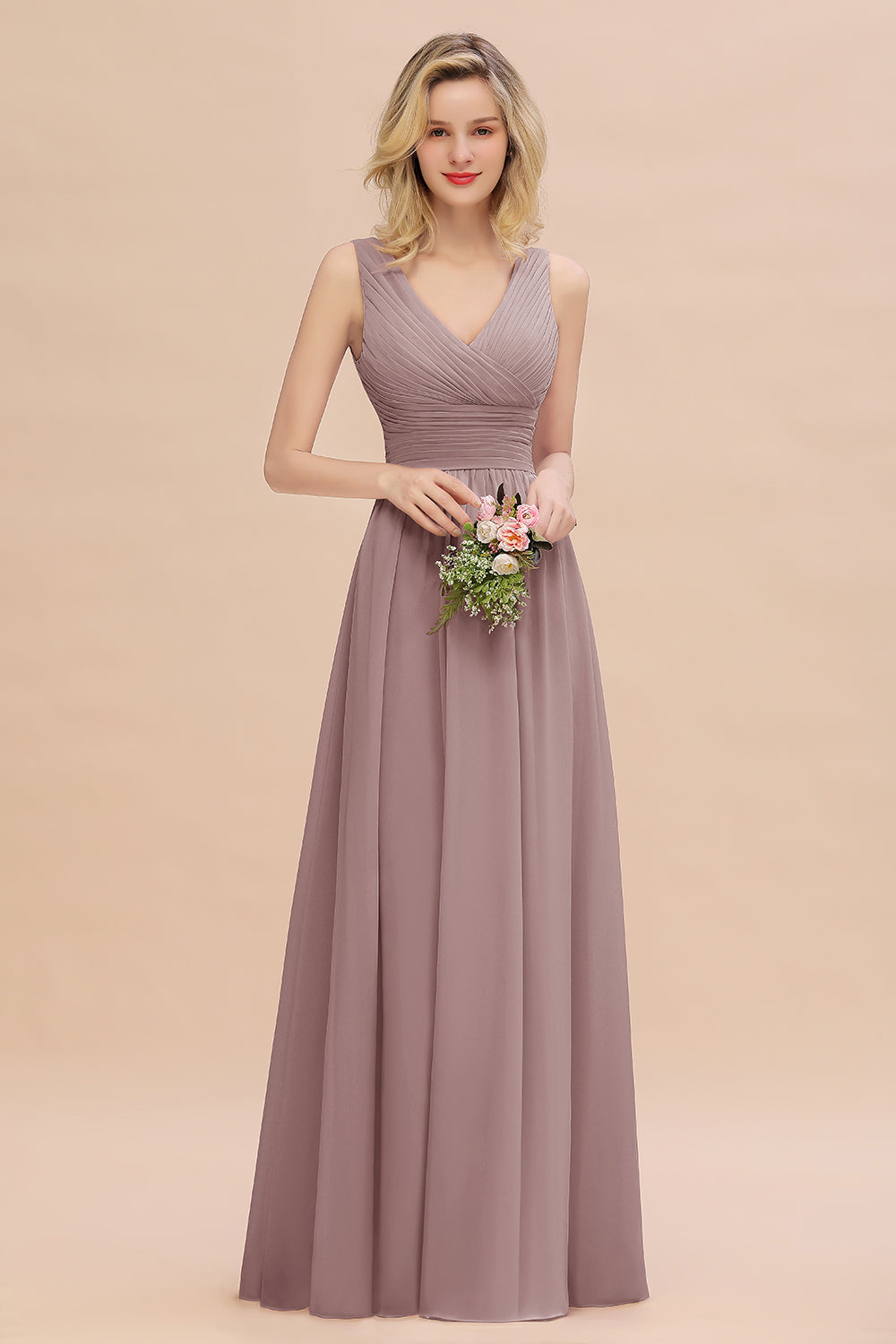 Elegant V-Neck Dusty Rose Chiffon Bridesmaid Dresses with Ruffle