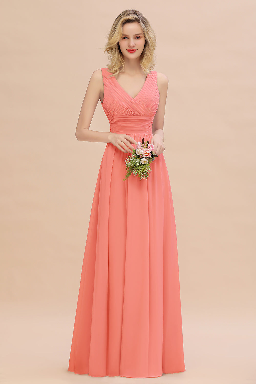 Elegant V-Neck Dusty Rose Chiffon Bridesmaid Dresses with Ruffle