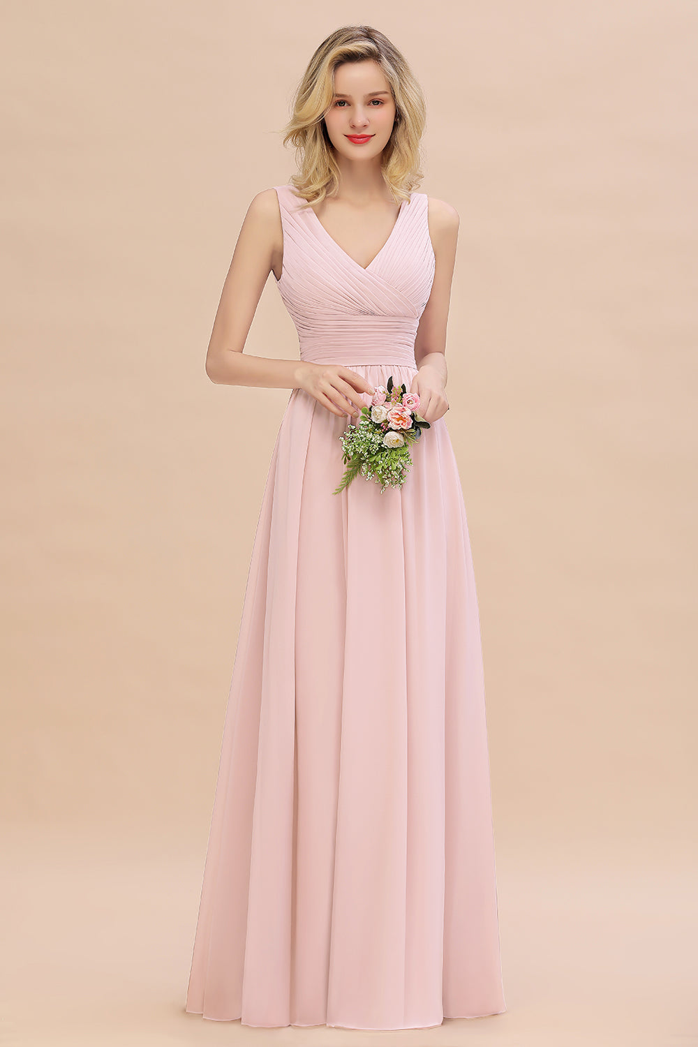 Elegant V-Neck Dusty Rose Chiffon Bridesmaid Dresses with Ruffle