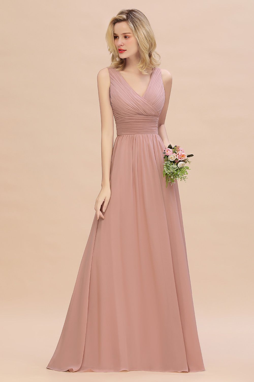 Elegant V-Neck Dusty Rose Chiffon Bridesmaid Dresses with Ruffle