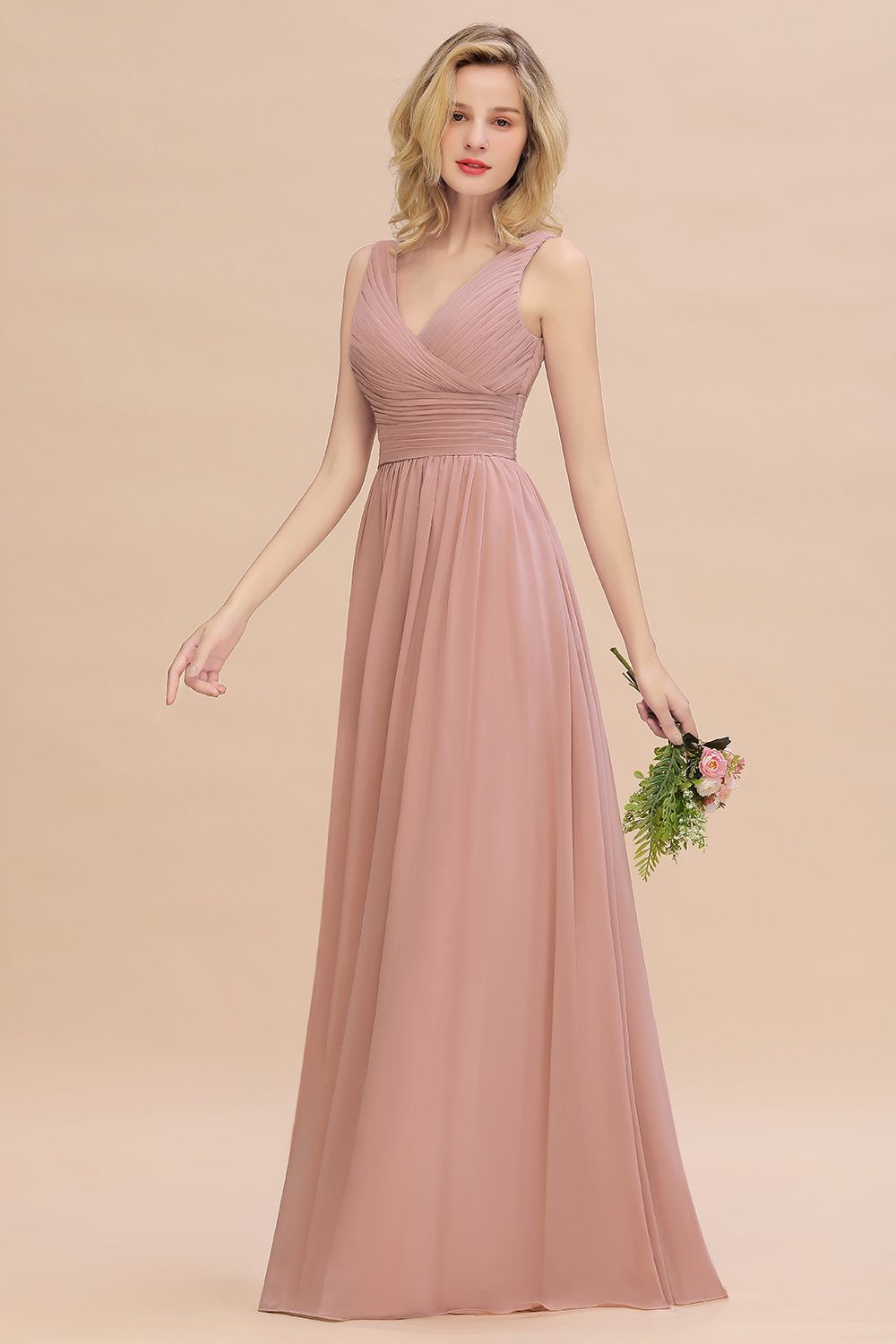 Elegant V-Neck Dusty Rose Chiffon Bridesmaid Dresses with Ruffle