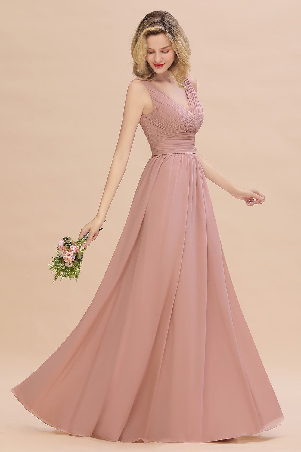 Elegant V-Neck Dusty Rose Chiffon Bridesmaid Dresses with Ruffle