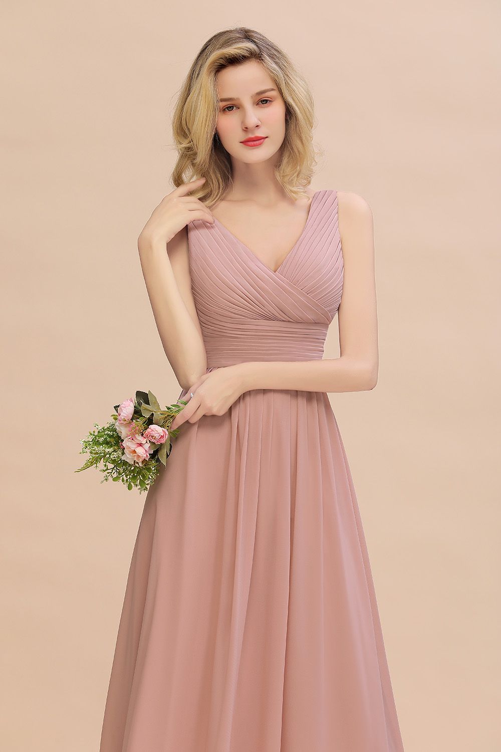 Elegant V-Neck Dusty Rose Chiffon Bridesmaid Dresses with Ruffle