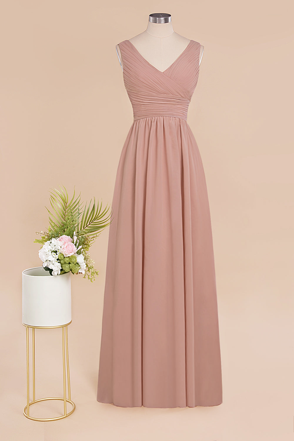 Elegant V-Neck Dusty Rose Chiffon Bridesmaid Dresses with Ruffle