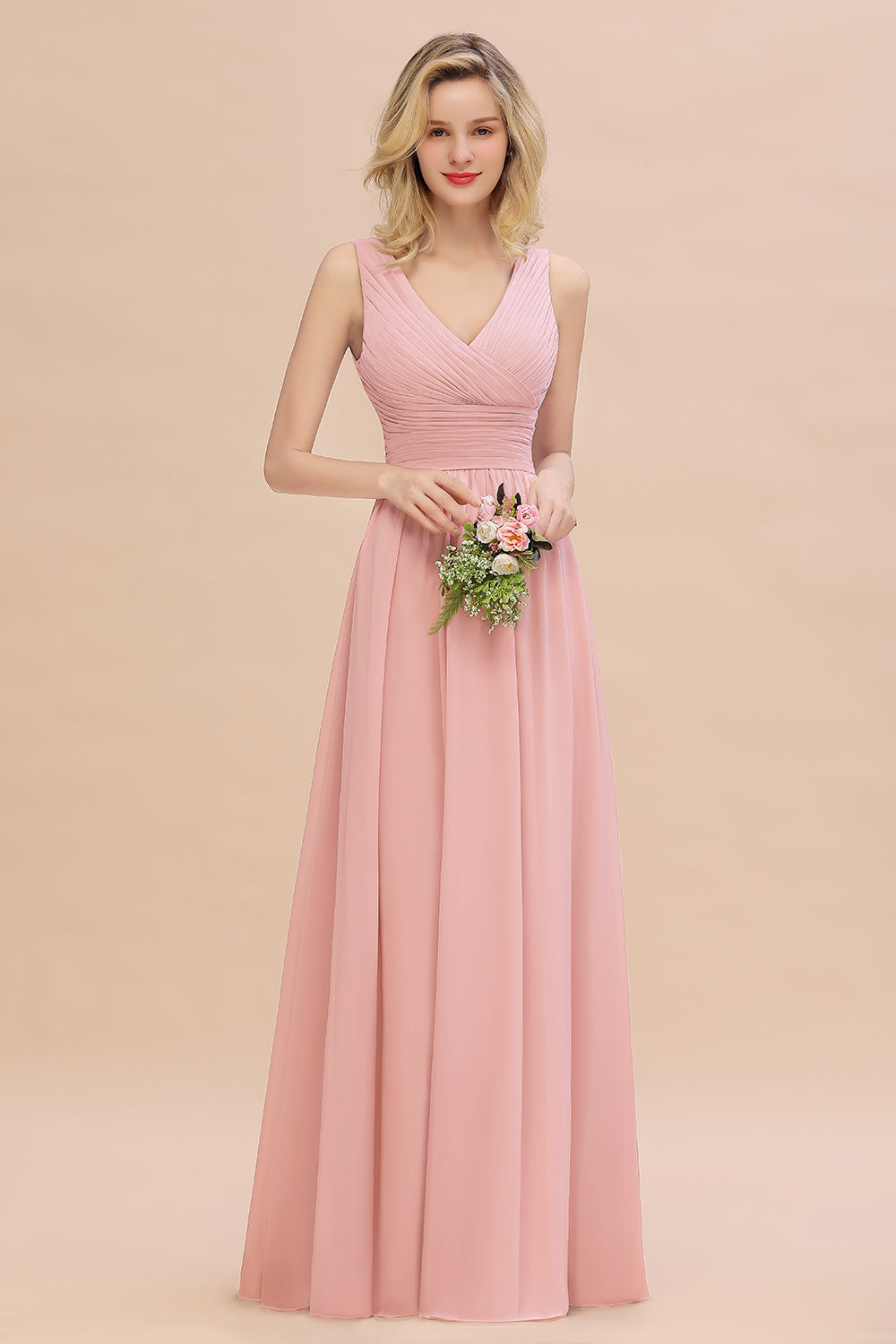 Elegant V-Neck Dusty Rose Chiffon Bridesmaid Dresses with Ruffle