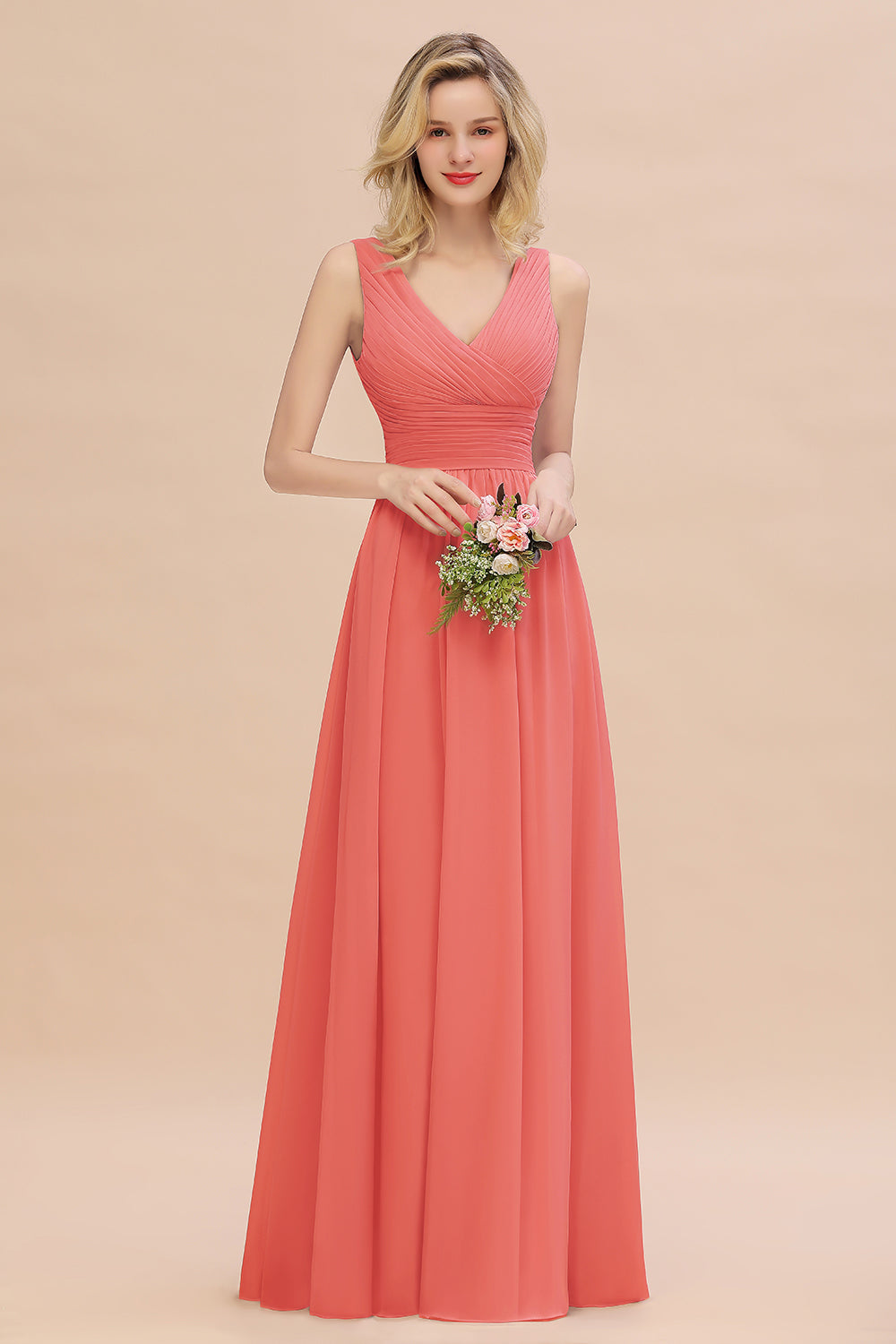 Elegant V-Neck Dusty Rose Chiffon Bridesmaid Dresses with Ruffle