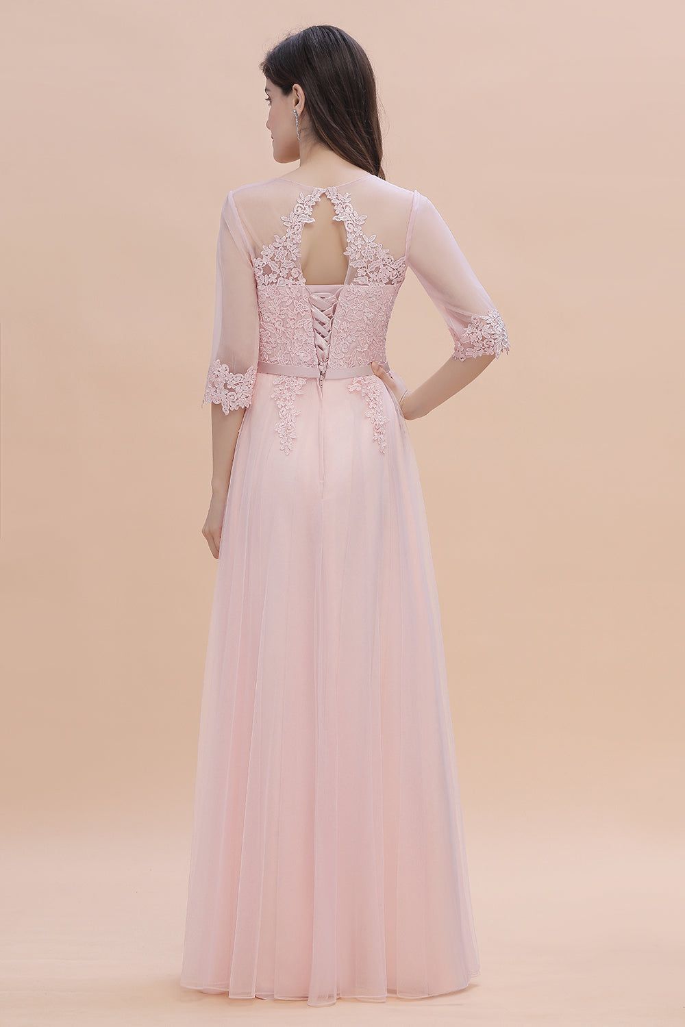 Elegant V-neck Half Sleeves Lace Pink Bridesmaid Dresses On Sale