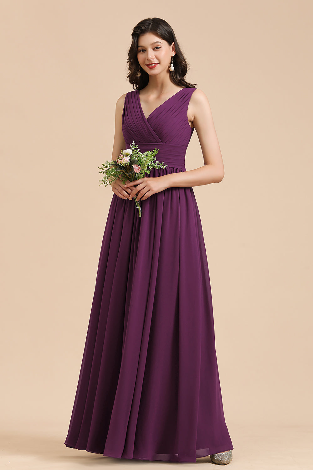 Elegant V-Neck Ruffle A-line Chiffon Lace Bridesmaid dresses