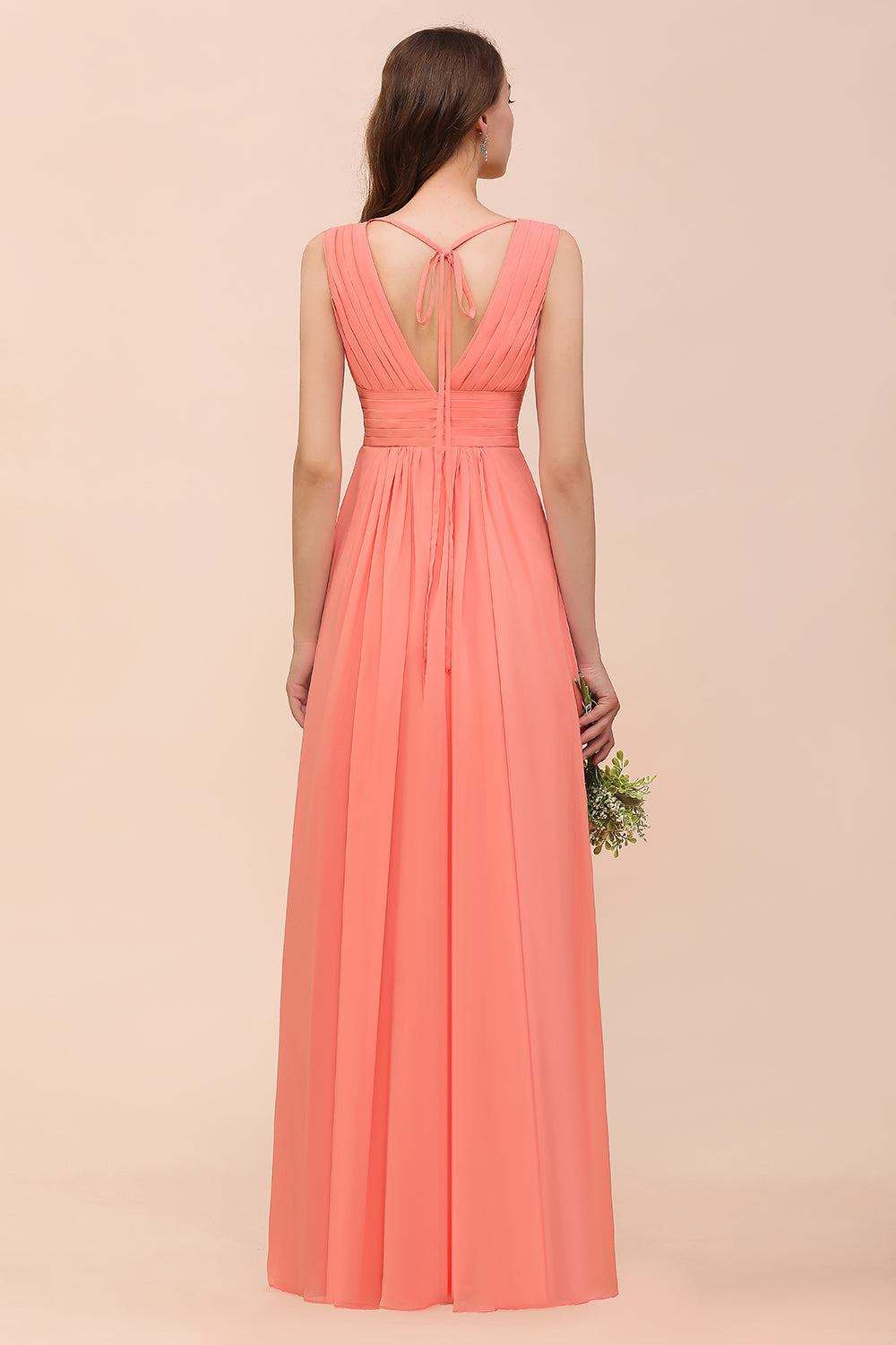 Elegant V-Neck Ruffle Coral Chiffon Affordable Bridesmaid dresses - Fashionpara