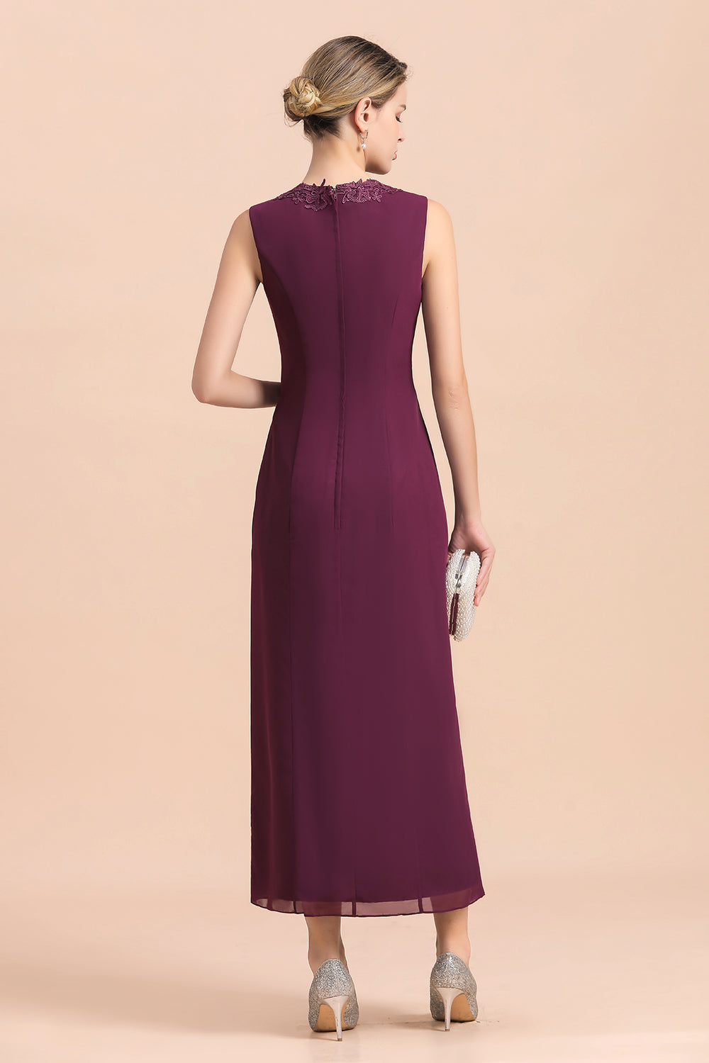 Elegant V-Neck SLeeveless Apppliques Grape Mother of Bride Dress with Wraps - Fashionpara