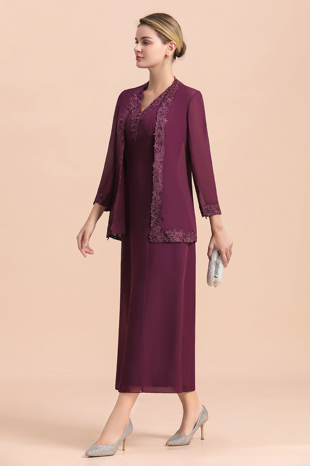 Elegant V-Neck SLeeveless Apppliques Grape Mother of Bride Dress with Wraps - Fashionpara