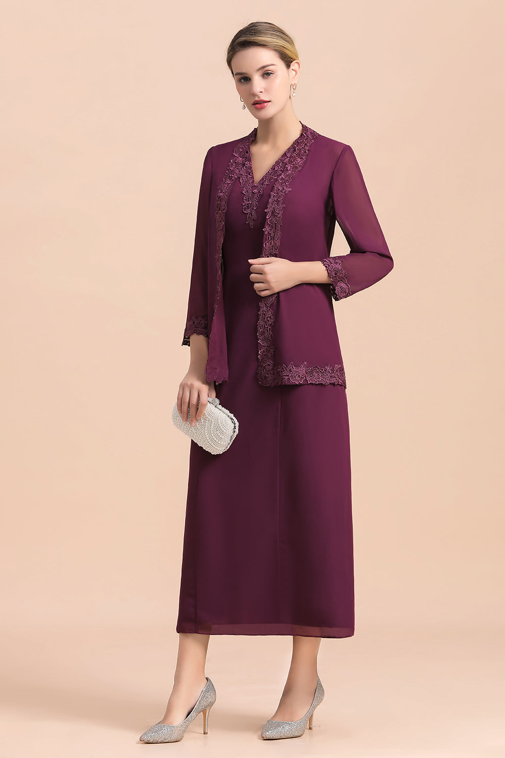 Elegant V-Neck SLeeveless Apppliques Grape Mother of Bride Dress with Wraps - Fashionpara