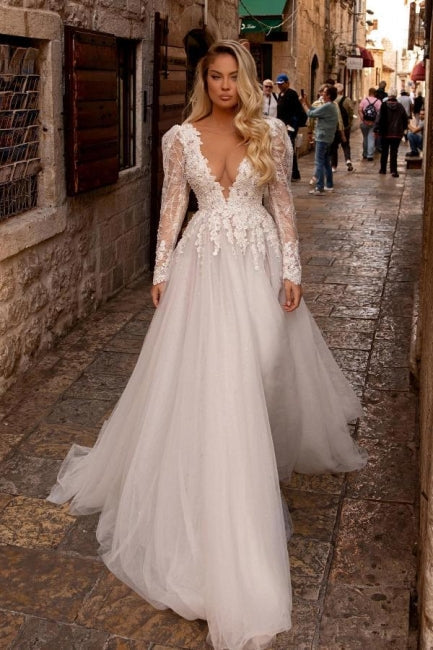 Elegant V-Neck Long Sleeves A-Line Lace Wedding Gown