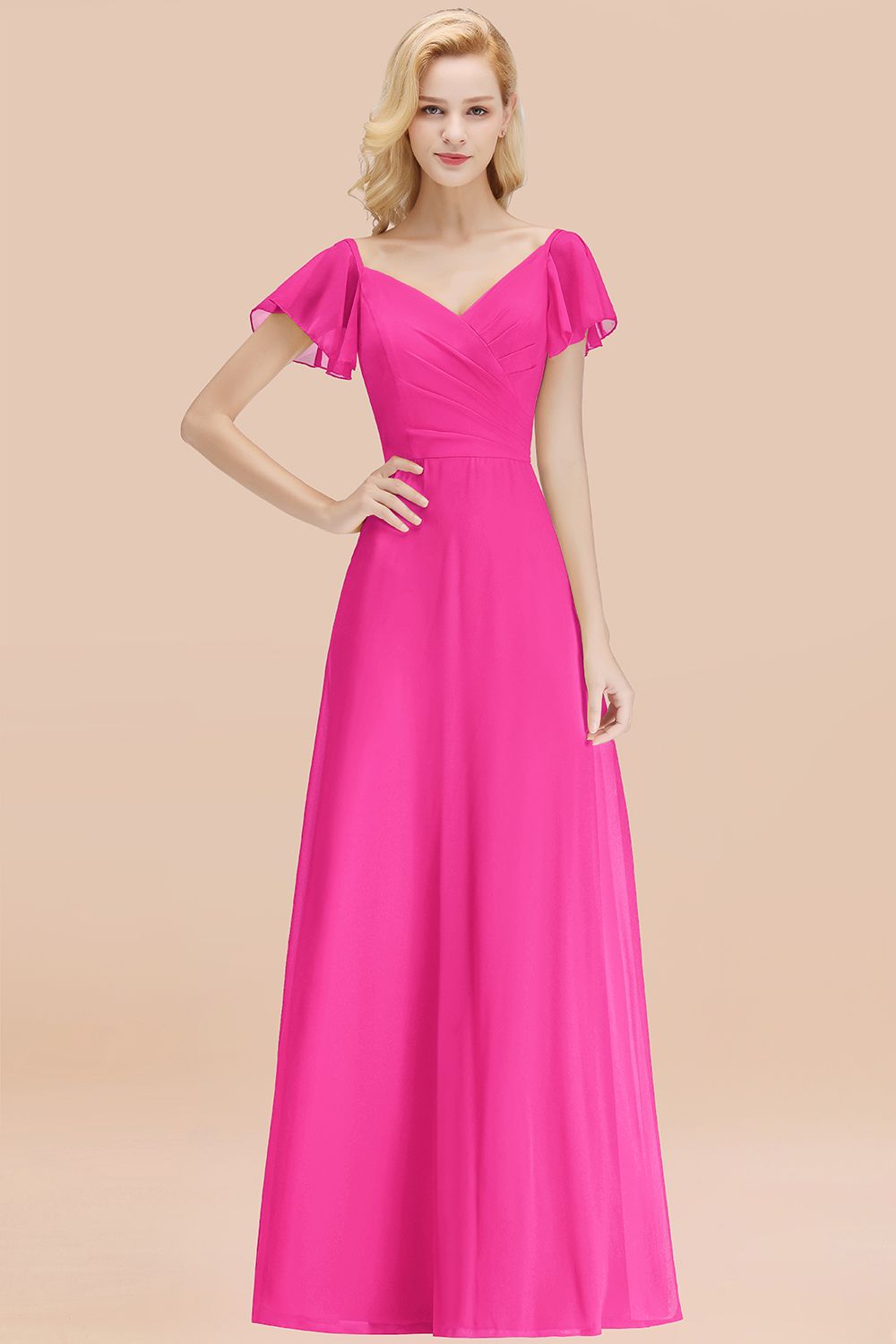 Elegent Short-Sleeve Long Bridesmaid Dresses Yellow Chiffon Wedding Party Dress