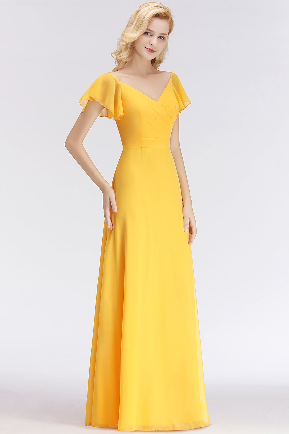 Elegent Short-Sleeve Long Bridesmaid Dresses Yellow Chiffon Wedding Party Dress