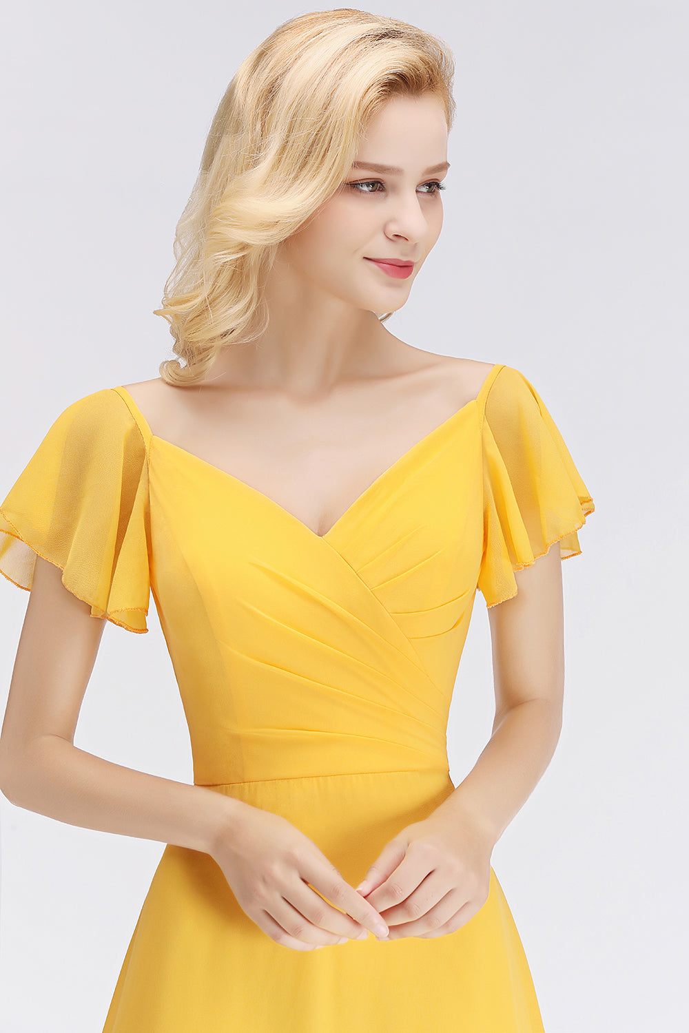 Elegent Short-Sleeve Long Bridesmaid Dresses Yellow Chiffon Wedding Party Dress