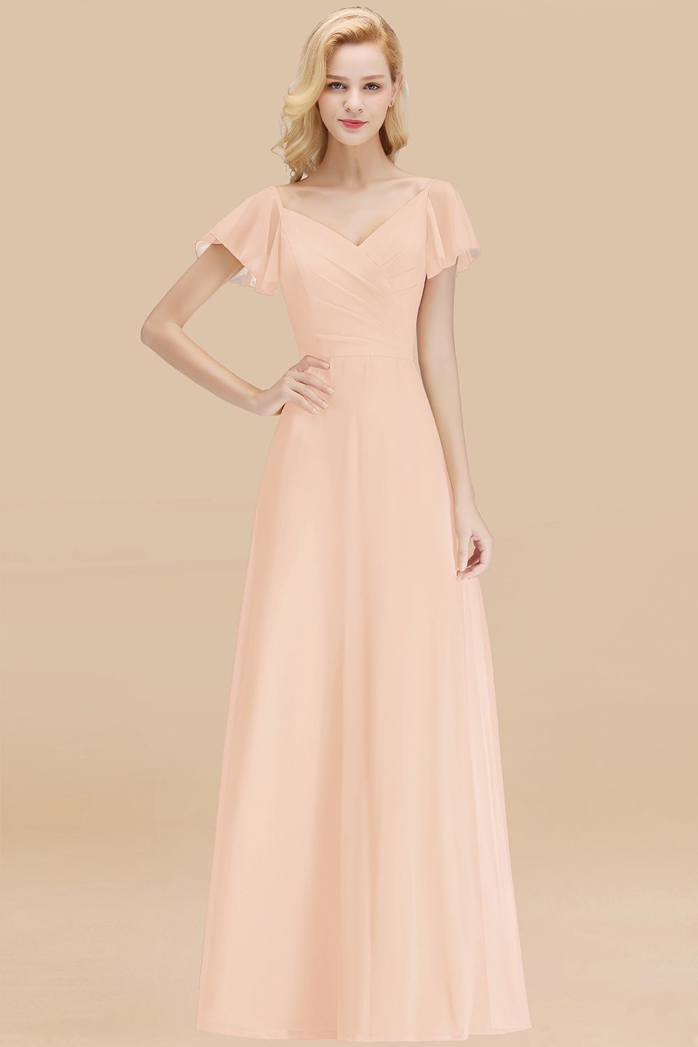 Elegent Short-Sleeve Long Bridesmaid Dresses Yellow Chiffon Wedding Party Dress