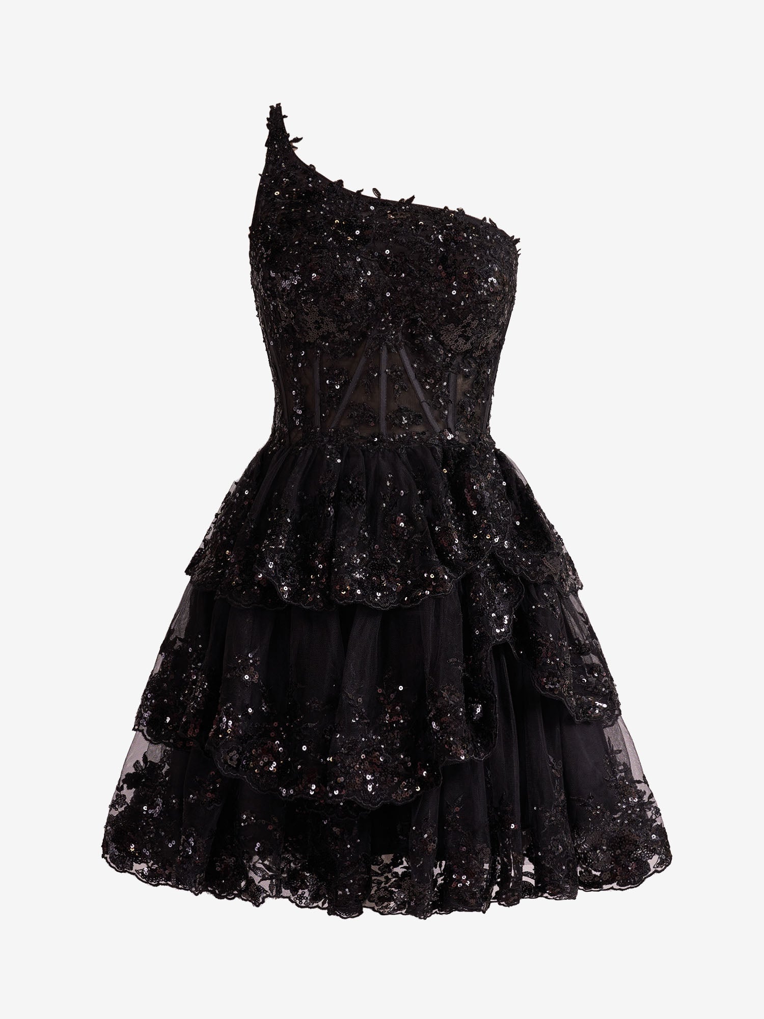 Emma Black A-Line One-Shoulder Navy Tiered Lace Short Homecoming Dress