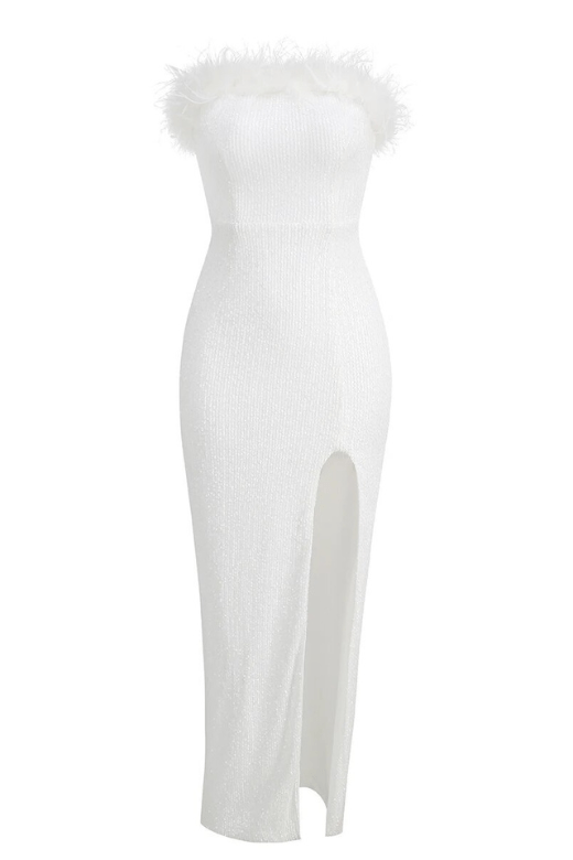 Woman wearing a figure flattering  Erin Bodycon Maxi Dress - Pearl White BODYCON COLLECTION