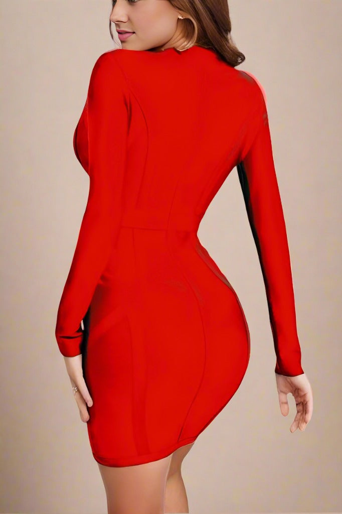 Eva Long Sleeve Bandage Mini Dress - Lipstick Red - Fashionpara